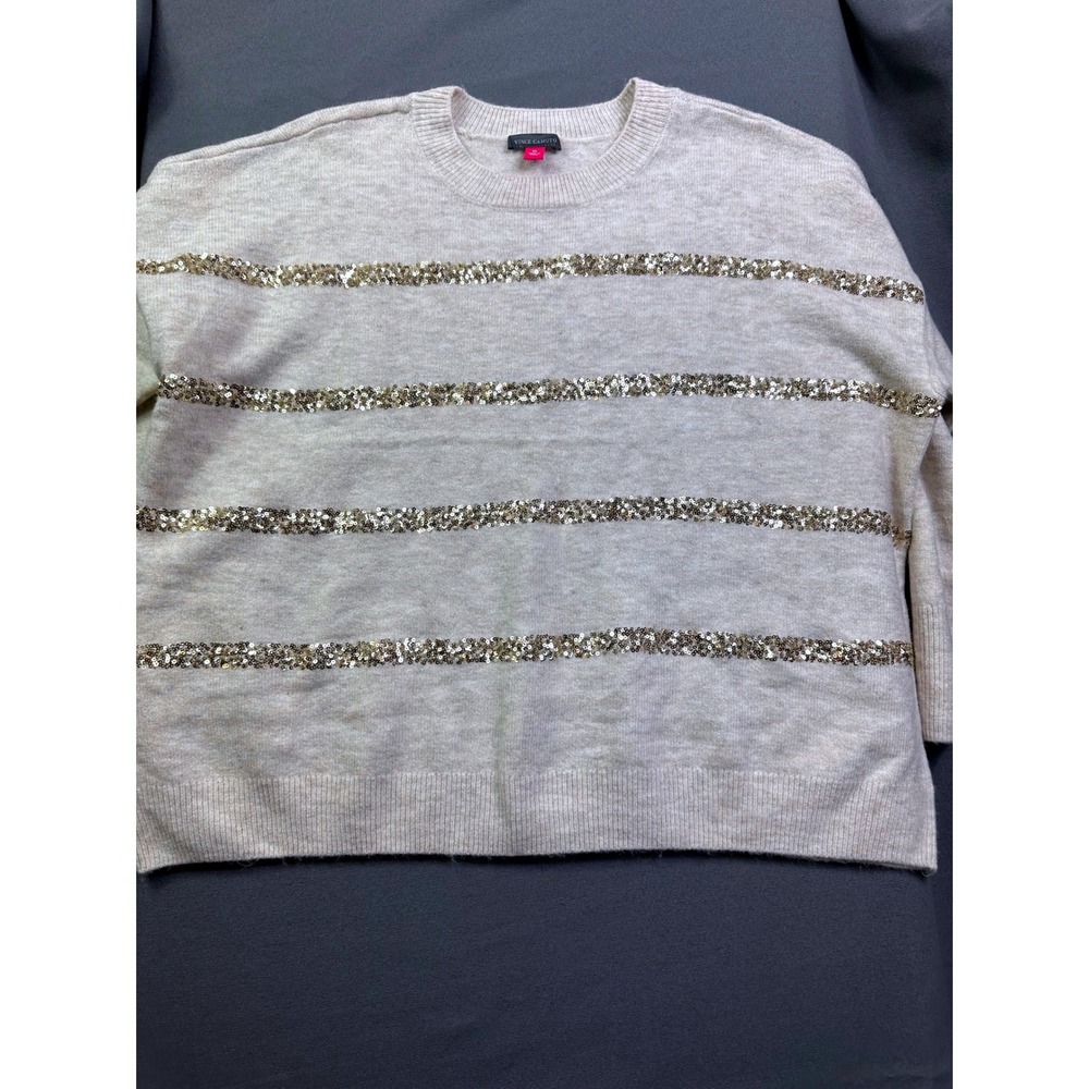 Vince Camuto Womens XL Oatmeal Heather Sequin Striped Crew‎ Neck Sweater Gold